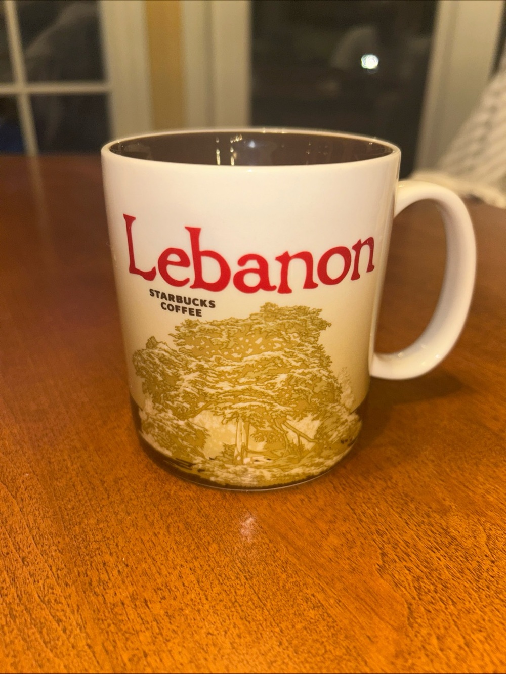Starbucks Lebanon White Mug with Red Lettering and Gold Tree